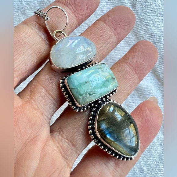 925 Trifecta Rainbow Flash Moonstone + Larimar + Labradorite Pendant Necklace - Picture 5 of 9